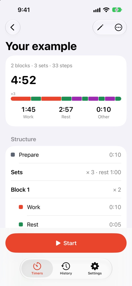 Timer overview: total time, work and rest, structure